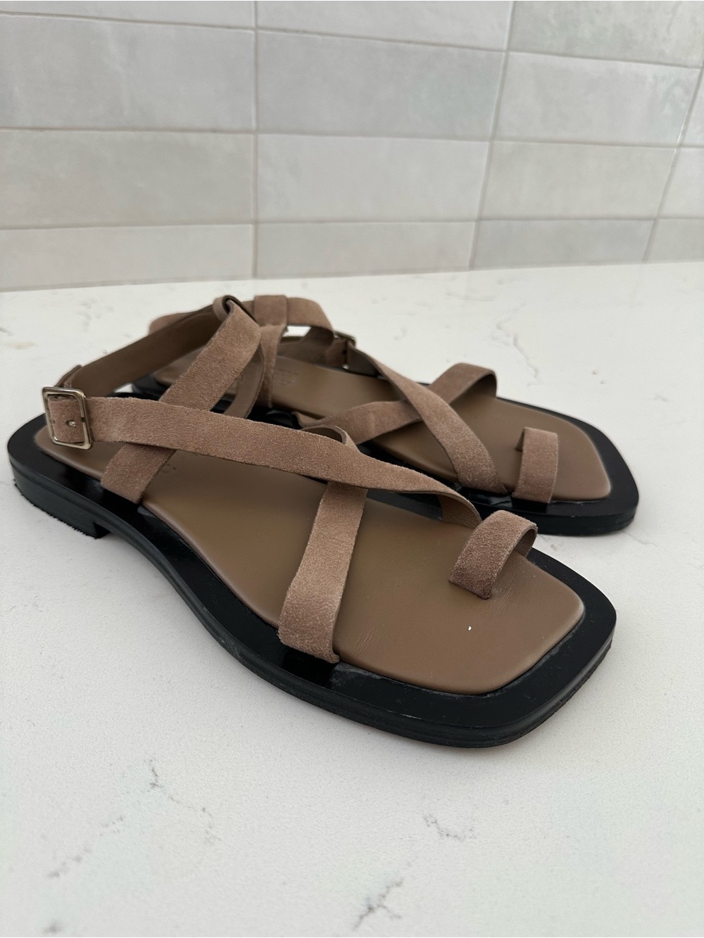 Women’s Taupe Suede Strappy Flat Sandals with Buckle